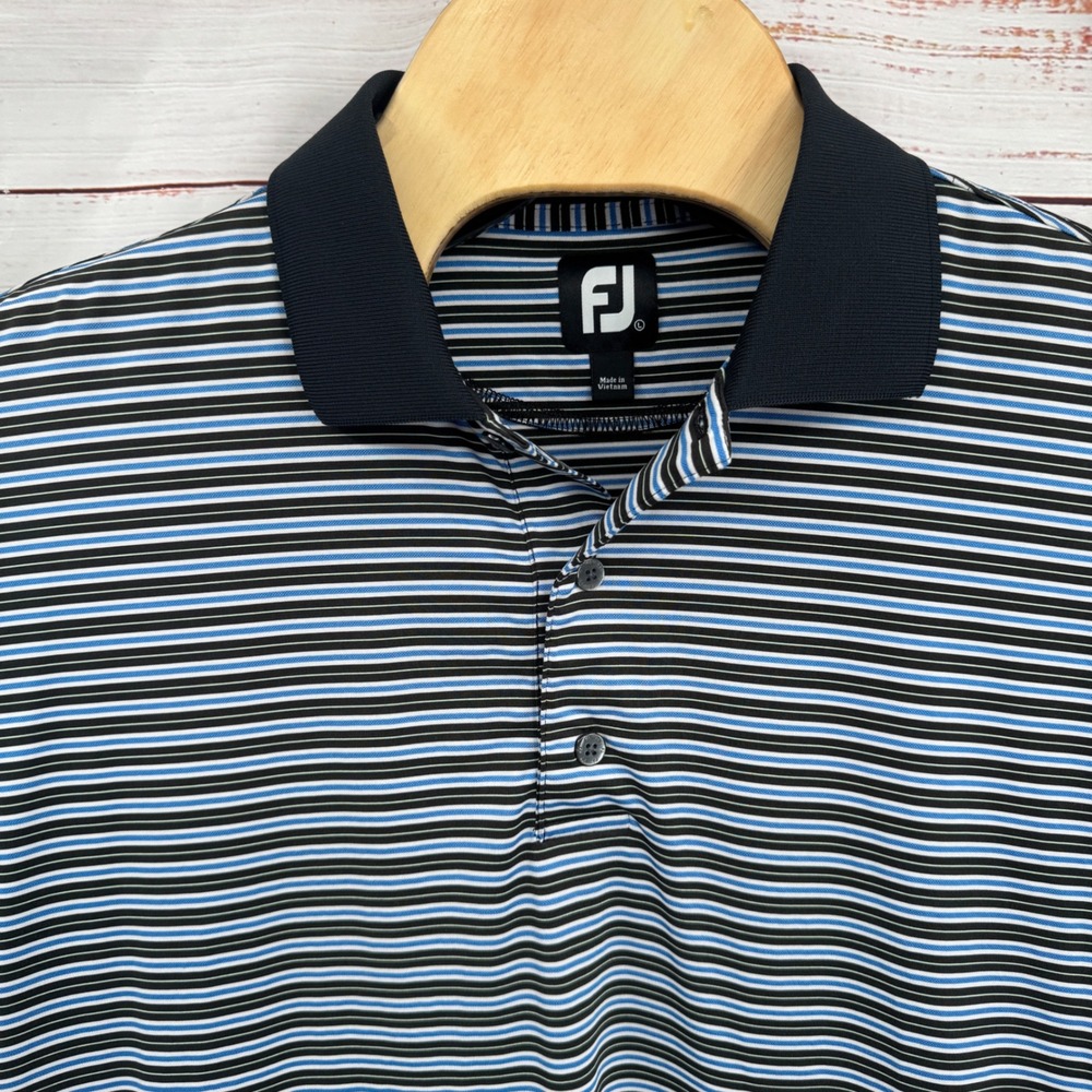 FootJoy Golf Polo Shirt Mens Large Black Blue Stripe‎ Short Sleeve Performance